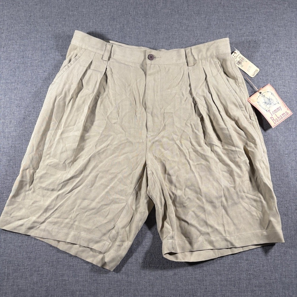 Tommy Bahama Casino Deck Shorts Mens 34 Khaki Silk Pleated Herringbone T8800